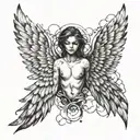 angel wings with portraits inside the feathers, clouds in the sky, scorpion crawling  tattoo design idea