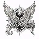 angel wings with portraits inside the feathers, clouds in the sky, scorpion crawling  tattoo design idea