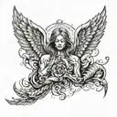 angel wings with portraits inside the feathers, clouds in the sky, scorpion crawling  tattoo design idea