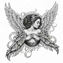 angel wings with portraits inside the feathers, clouds in the sky, scorpion crawling  tattoo design idea