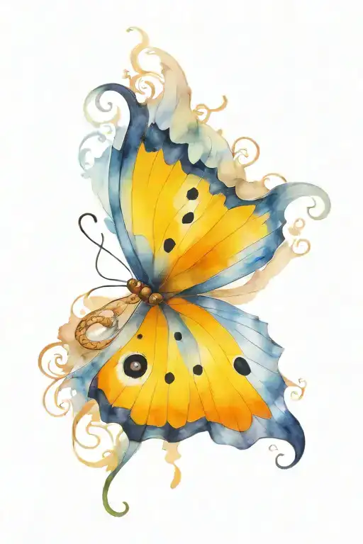 A butterfly with intricate fine work and water effects, with a slithering snake emerging from it tattoo design idea