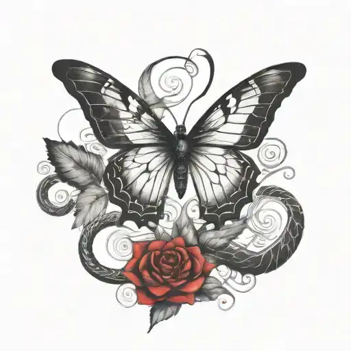 A butterfly tattoo with an ethereal look, in watercolor effect with red and black ink, incorporating a snake in the middle going up the butterfly tattoo design idea