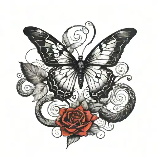 A butterfly tattoo with an ethereal look, in watercolor effect with red and black ink, incorporating a snake in the middle going up the butterfly tattoo design idea