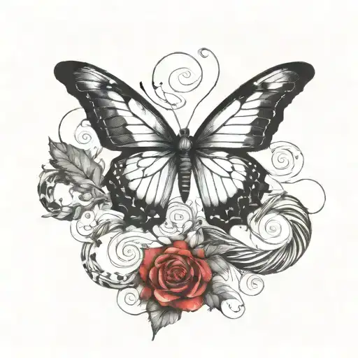 A butterfly tattoo with an ethereal look, in watercolor effect with red and black ink, incorporating a snake in the middle going up the butterfly tattoo design idea