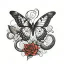A butterfly tattoo with an ethereal look, in watercolor effect with red and black ink, incorporating a snake in the middle going up the butterfly tattoo design idea
