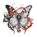 A butterfly tattoo with an ethereal look, in watercolor effect with red and black ink, incorporating a snake in the middle going up the butterfly tattoo design idea