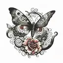 A butterfly tattoo with an ethereal look, in watercolor effect with red and black ink, incorporating a snake in the middle going up the butterfly tattoo design idea