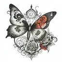 A butterfly tattoo with an ethereal look, in watercolor effect with red and black ink, incorporating a snake in the middle going up the butterfly tattoo design idea