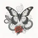 A butterfly tattoo with an ethereal look, in watercolor effect with red and black ink, incorporating a snake in the middle going up the butterfly tattoo design idea