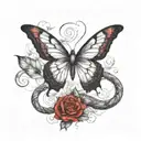 A butterfly tattoo with an ethereal look, in watercolor effect with red and black ink, incorporating a snake in the middle going up the butterfly tattoo design idea