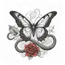 A butterfly tattoo with an ethereal look, in watercolor effect with red and black ink, incorporating a snake in the middle going up the butterfly tattoo design idea