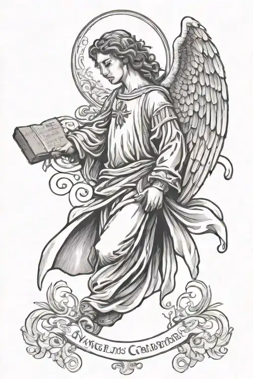 angel gabriel line work, with a bible verse tattoo design idea