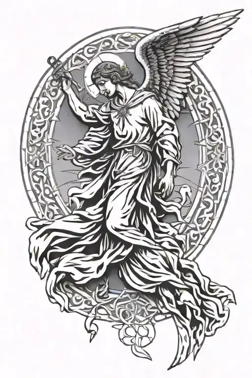 angel gabriel line work, with crosses   tattoo design idea