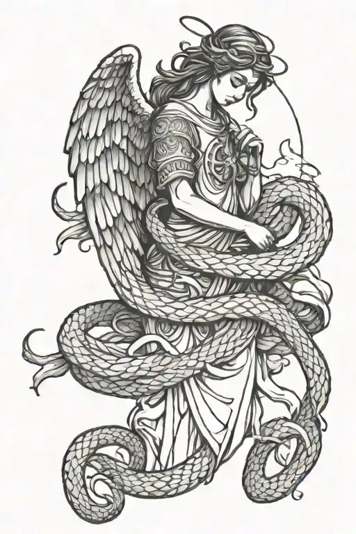 angel gabriel line work, with snake wrapped around and crosses  tattoo design idea