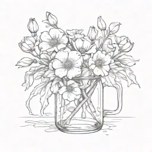 Tuscan poppy, iris, and carnation flowers sitting inside a mason jar tattoo design idea