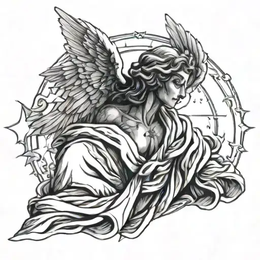 an angel draped in a robe looking up to a star cast in shadow tattoo design idea