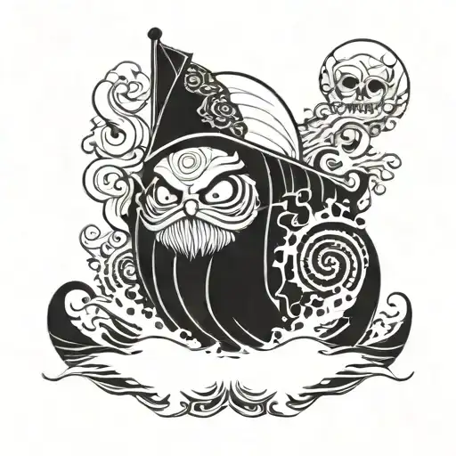 A daruma doll sailing on a ship in a stormy sea, with a kraken lurking beneath the waves, capturing the seafarer's adventurous spirit tattoo design idea