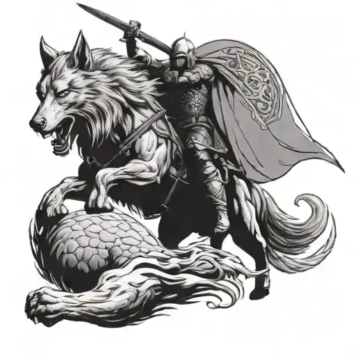 A Viking warrior riding a wolf into battle against a dragon, representing strength and courage tattoo design idea