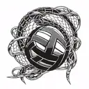 An intricate design of a volleyball net morphing into a serpent, symbolizing agility and quick reflexes tattoo design idea