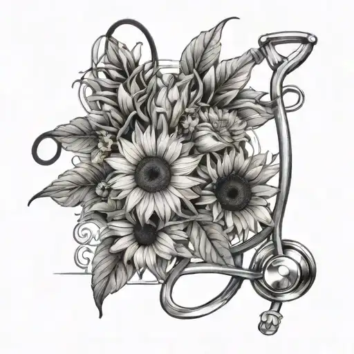 A beach scene with a nurse's stethoscope intertwined with sunflowers and lilies, symbolizing relaxation and healing tattoo design idea