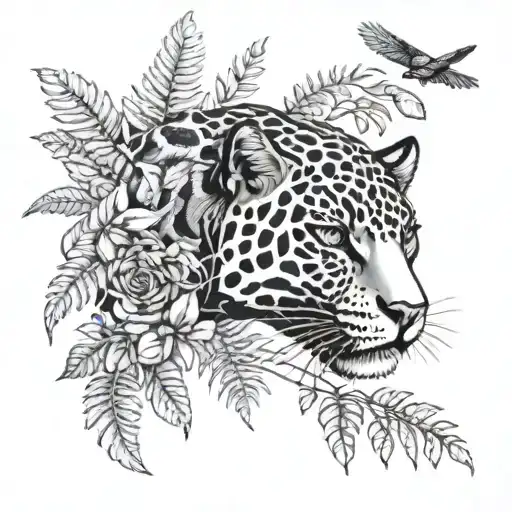 mechanical jaguar with ferns and birds tattoo design idea