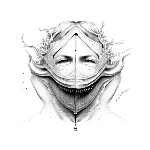 Basic mask that peels away with a zipper and words ooze out of it tattoo design idea