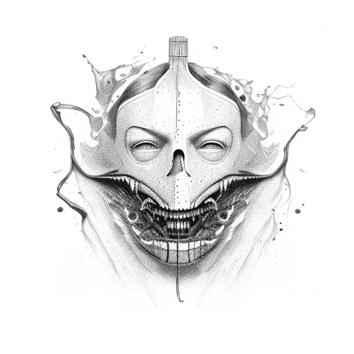 Basic mask that peels away with a zipper and words ooze out of it tattoo design idea