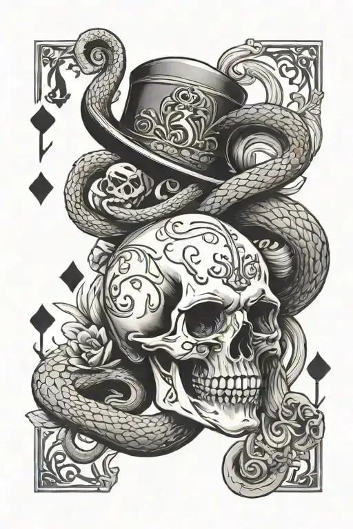 deck of cards, snake, skull, evil nun tattoo design idea