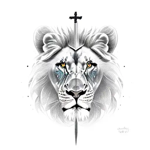a face with half lion half gladiator and a sword and a cross tattoo design idea