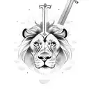 a face with half lion half gladiator and a sword and a cross tattoo design idea