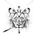 a face with half lion half gladiator and a sword and a cross tattoo design idea