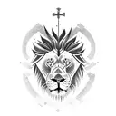 a face with half lion half gladiator and a sword and a cross tattoo design idea
