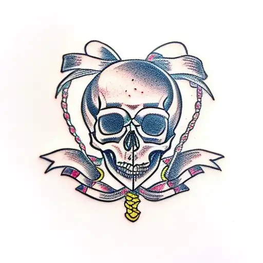 small feminine cartoon skull with bow tattoo design idea