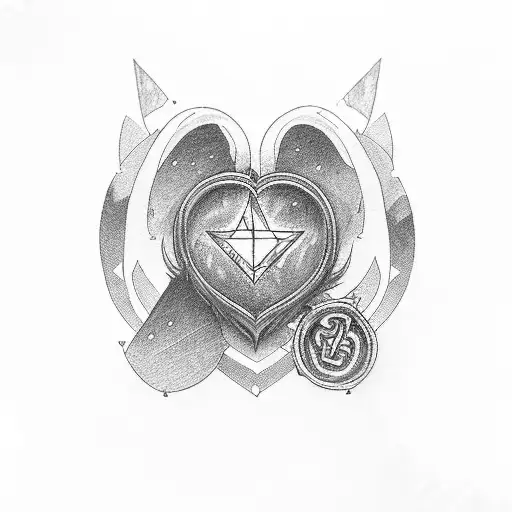 A van with nordic mythical symbols and a heart-shaped window, surrounded by mountains tattoo design idea