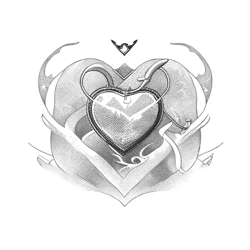 A van with nordic mythical symbols and a heart-shaped window, surrounded by mountains tattoo design idea