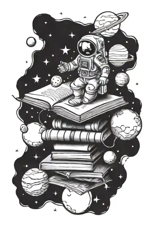 A stack of books with an astronaut floating among the planets tattoo design idea