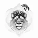 Lion King pride rock with a hunter, a Hawk, and a lion. tattoo design idea