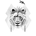 Lion King pride rock with a hunter, a Hawk, and a lion. tattoo design idea