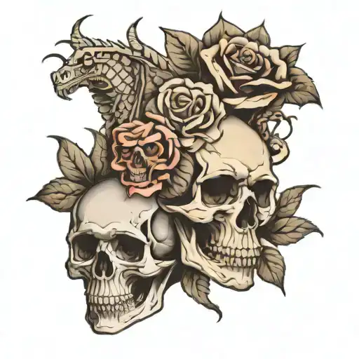 Blackout sleeve tattoo featuring Skulls and Roses and a Dragon  tattoo design idea