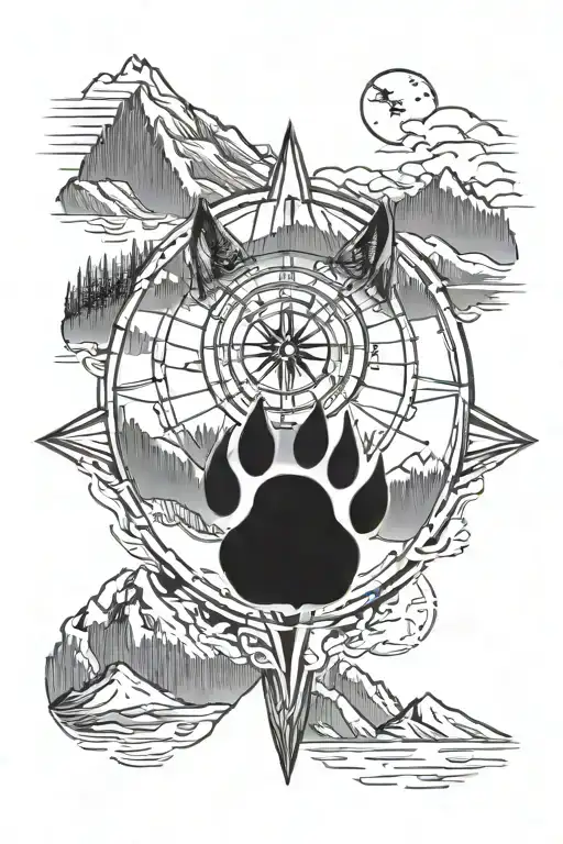 A stylized wolf paw print with a compass embedded in the center, surrounded by mountain scenery tattoo design idea