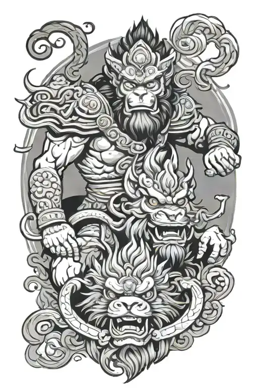 monkey king and foo dog tattoo design idea