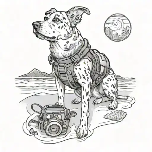 A portrait of a dog wearing a hiking backpack, surrounded by ocean waves and seashells tattoo design idea