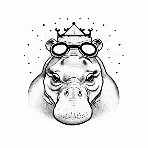 evil smiling hippopotamus in sunglasses with crown on his head tattoo design idea