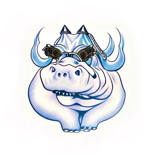 evil smiling hippopotamus in sunglasses with crown on his head tattoo design idea