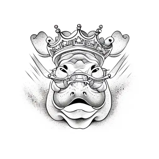 evil smiling hippopotamus in sunglasses with crown on his head tattoo design idea