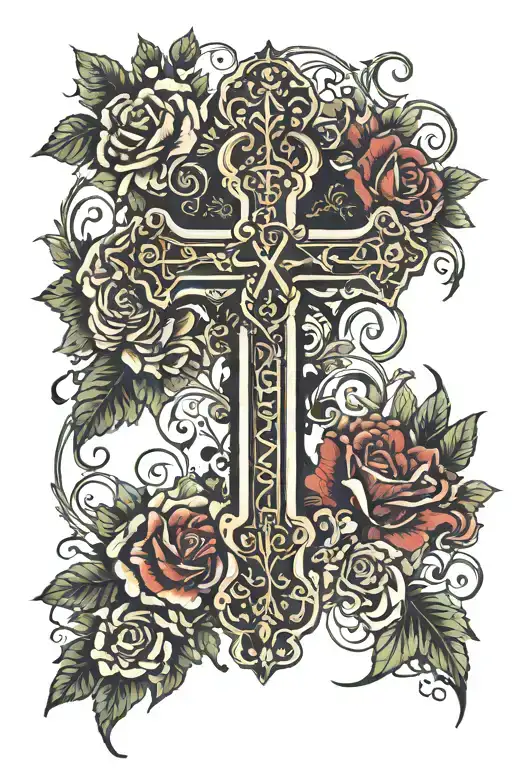 a simple cross with a roman numeral date in the middle with stuff behind it tattoo design idea