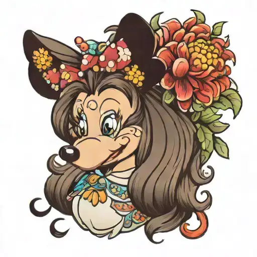 chrysanthemum and minnie head tattoo design idea