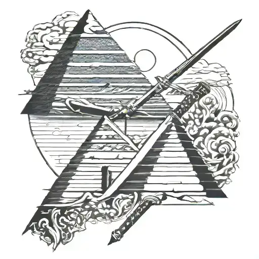 Japanese katana stuck top of Egyptian pyramid with roman empire culture, no man  tattoo design idea