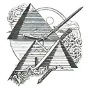 Japanese katana stuck top of Egyptian pyramid with roman empire culture, no man  tattoo design idea
