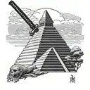 Japanese katana stuck top of Egyptian pyramid with roman empire culture, no man  tattoo design idea